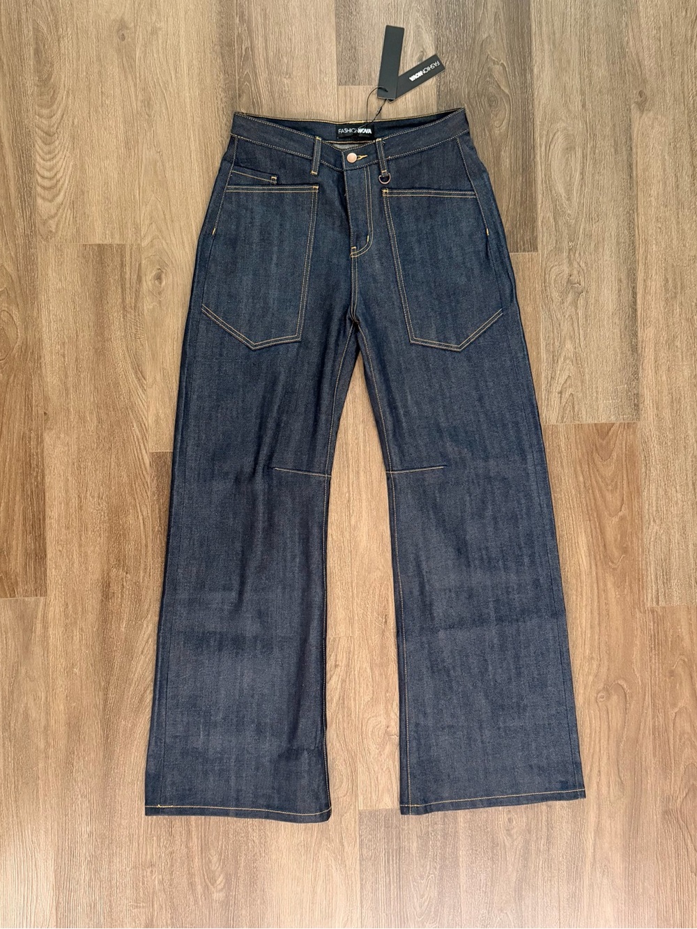 Premium Selvedge Cuffed Utility Wide Leg Jeans - Dark Denim